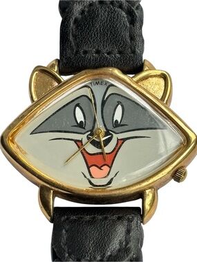 Timex Disney Meeko Raccoon Vintage Watch Gold Tone Black Leather Pocahontas 90s